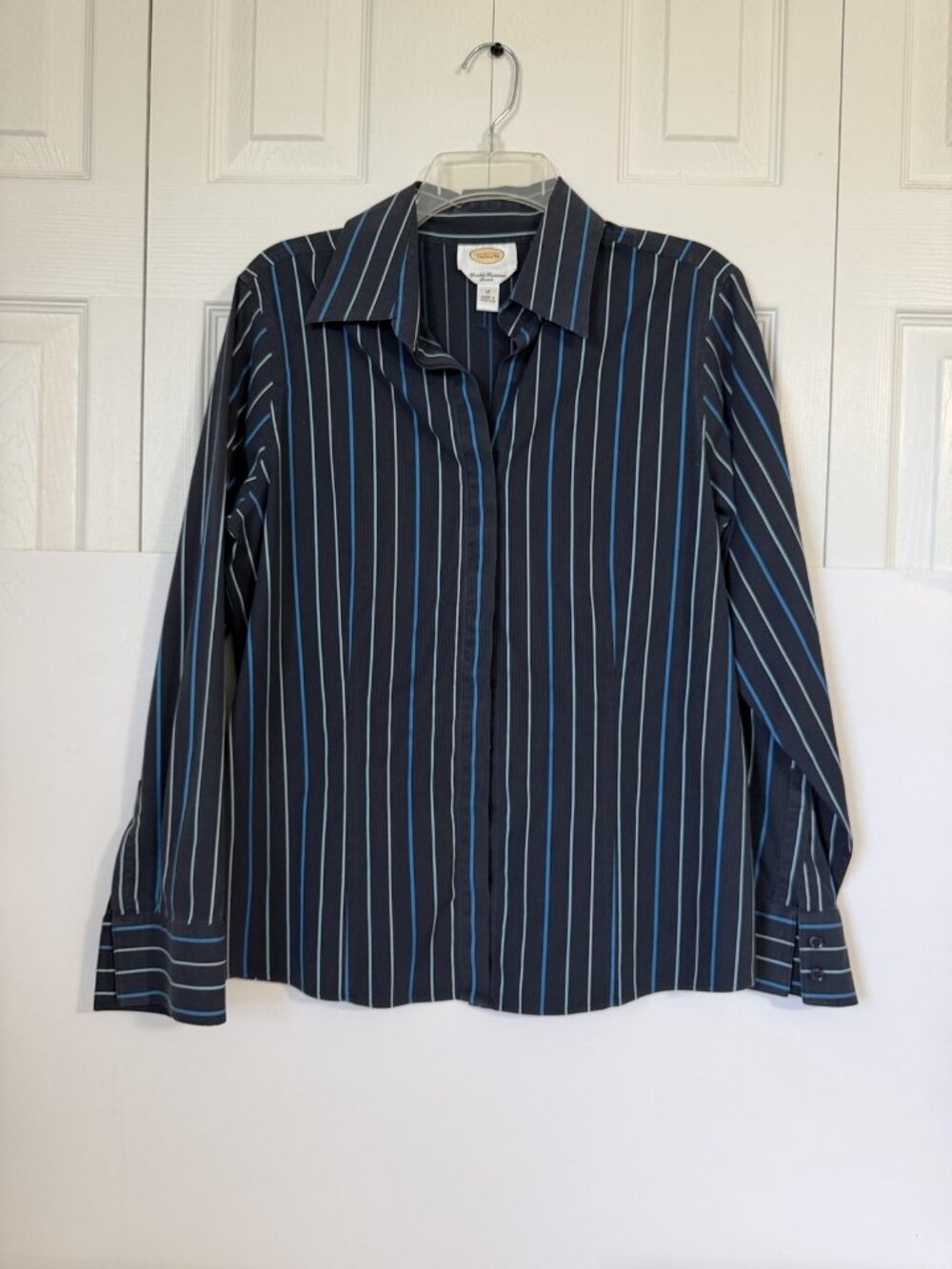 Talbots Top Womens 12 Blue Stripe Long Sleeve Button Wrinkle Resistant Shirt